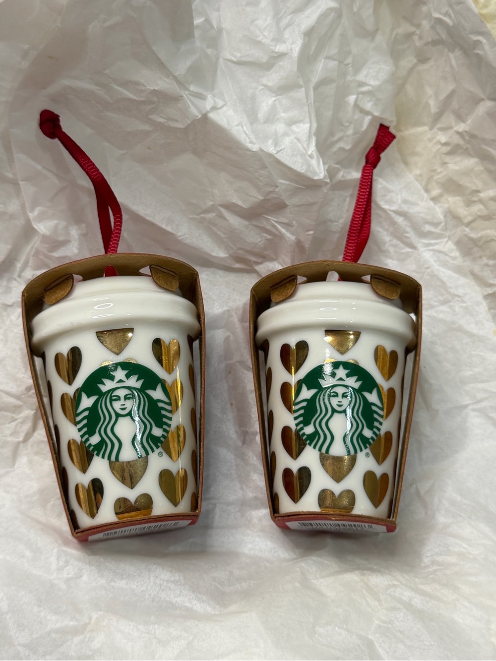 NWT Starbucks 2015 Gold Hearts Ceramic Cup Ornaments - Set of 2